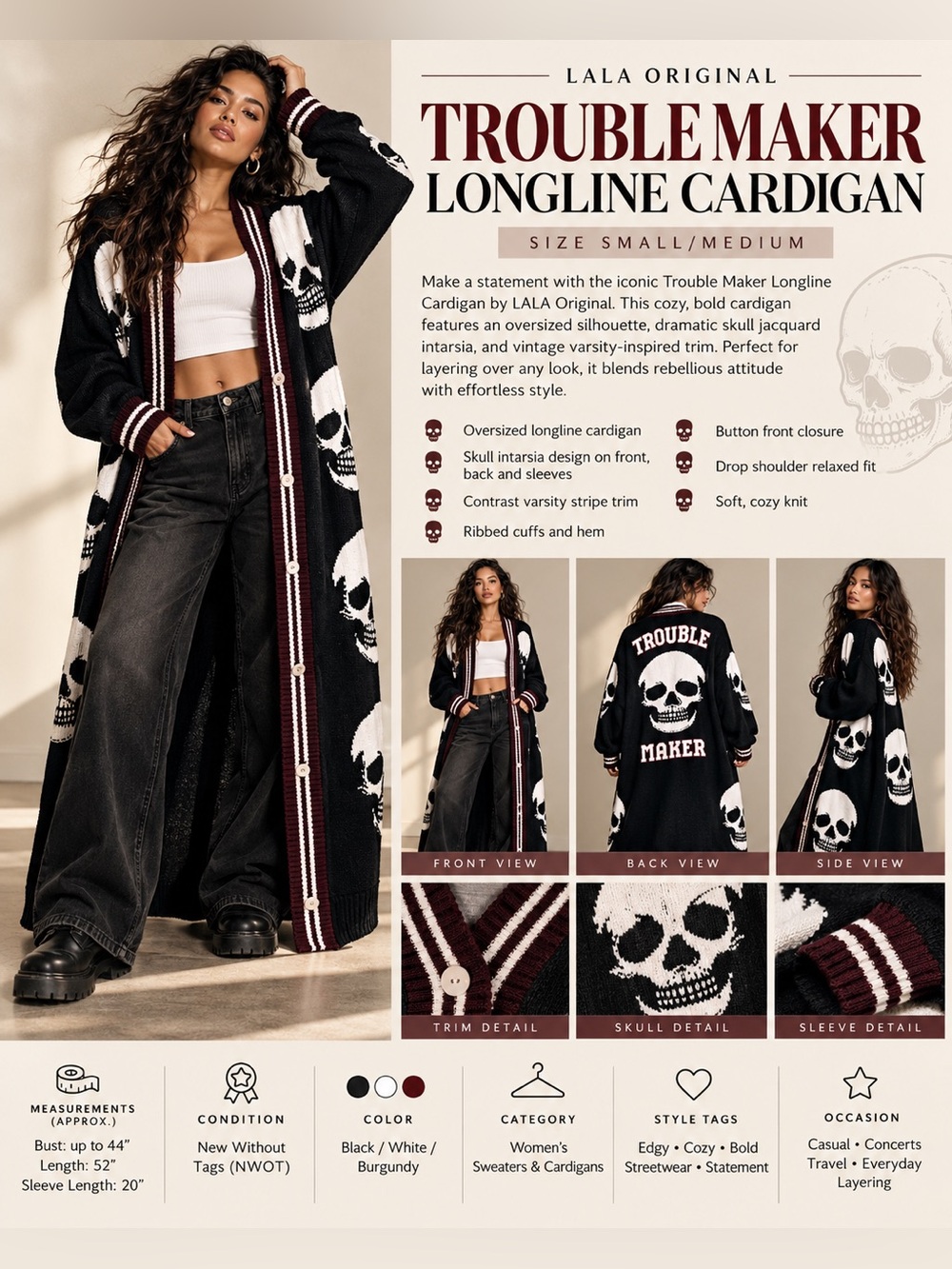 LALA Original Trouble Maker Longline Skull Cardigan S/M NWOT